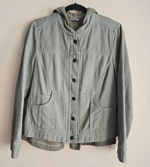 J Jill Jacket Small  Army Green Canvas Inner Liner With Hoodie  Pockets Short